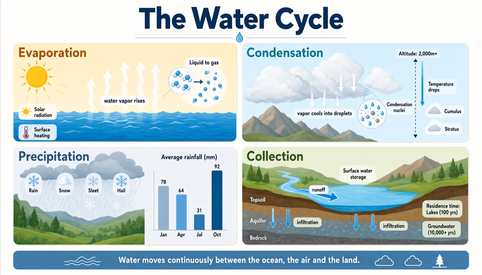 Long Prompt, Dense Layout: A Four-Panel Water Cycle Infographic